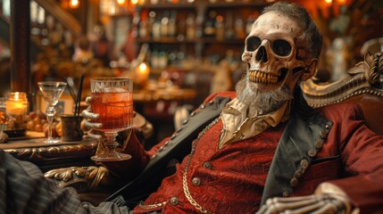 Skeleton in vintage clothing holding a drink in an elegant bar - obrazy, fototapety, plakaty