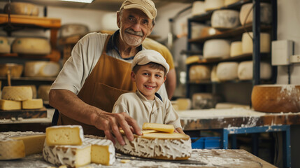 Grandfather and grandson sharing a moment making cheese together