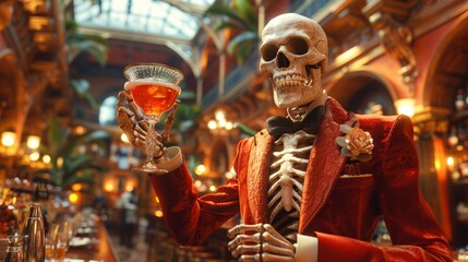 Elegant skeleton in red tuxedo holding a cocktail - obrazy, fototapety, plakaty
