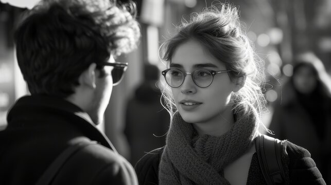 Monochrome image of a young couple in winter clothes locked in a moment of intense conversation on a bustling street.