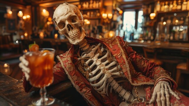 Skeleton in a bar with a cocktail