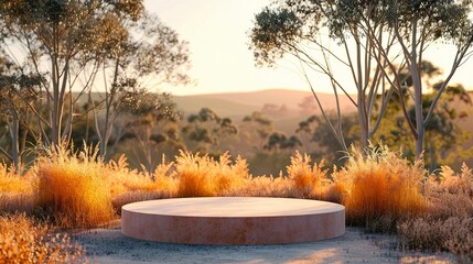 Front View Orange Podium at Warm Sunset, Background of Tranquil Australian Bushland, Perfect for Bespoke Bridal Gown Salons - obrazy, fototapety, plakaty