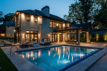 Nighttime Elegance: Luxurious Modern Home with Poolside Lighting