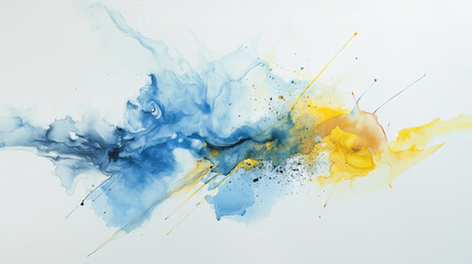 Abstract watercolor background with blue, yellow and orange color splashes on white background.
