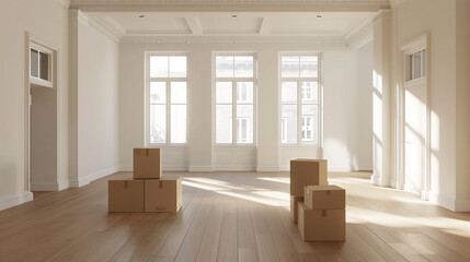 Spacious empty apartment with sunlight and moving boxes