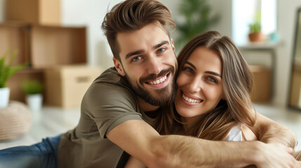Happy couple embracing in new home with moving boxes - obrazy, fototapety, plakaty