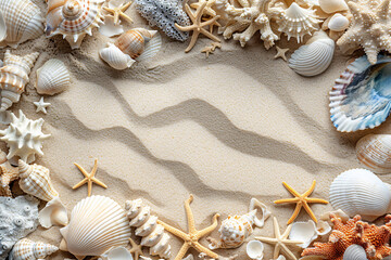 Fototapeta na wymiar a group of shells and starfish on sand
