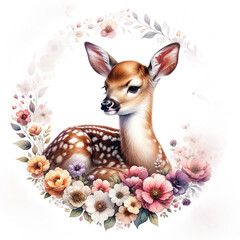 sitting deer on the floral frame on transparent background