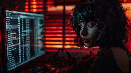 Zbliżenie na czarnowłosą kobietę siedzącą przy komputerze w pokoju z przysłoniętymi żaluzjami - obrazy, fototapety, plakaty