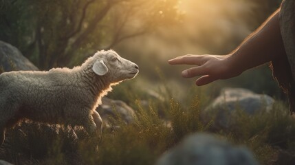 Hands of God reaching out to a lost sheep. Biblical theme concept. AI-generated - obrazy, fototapety, plakaty
