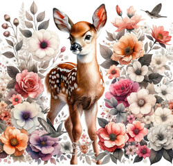 set of flowers and deer clipart on transparent background