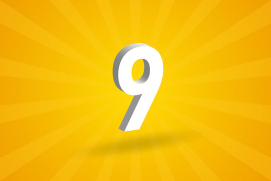 3D 9 number font alphabet. White 3D Number 9 with yellow background