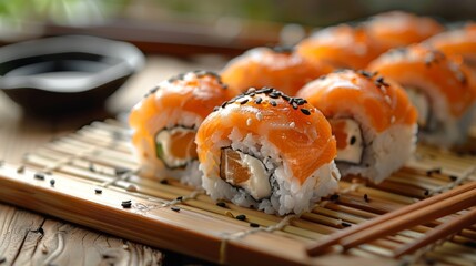 Close-up of salmon sushi rolls on bamboo mat
