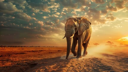 African elephant walking at sunset in the savannah