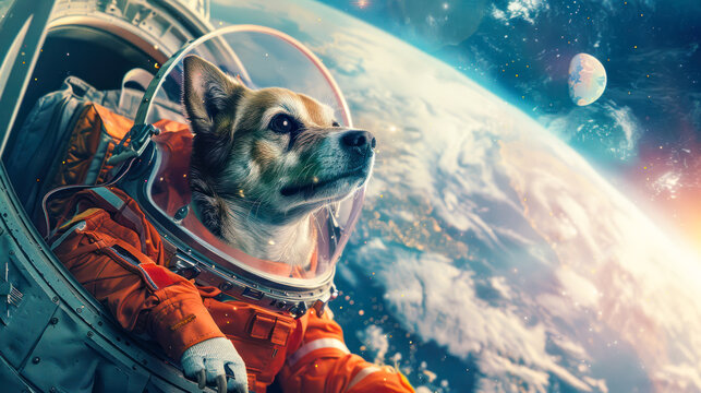 Dog Astronaut. Beautiful dog in outer space. First trip to space. Dog in space suit in cosmic galaxy. happy cosmonautics day greeting card, poster. Copy space. Dog in spacesuit exploring the space