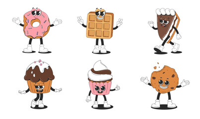 Fototapeta premium Set of retro cartoon funny dessert. Cute groovy sweet cake, waffles, oatmeal cookies, donut, cake, cupcakes. Funky vector illustration.