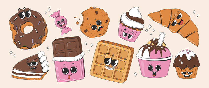 Retro characters confectionery. Cute groovy sweet cake, chocolate, waffles, oatmeal cookies, croissant, ice cream, donut, candy, cake, cupcakes. Vector illustration.