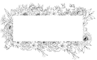 Hand Drawn Peony rectangle frame Illustration with roses, lilies, wildflowers. leaves and branches
