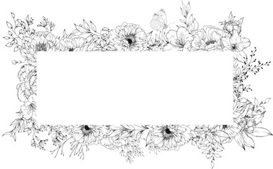 Hand Drawn Peony rectangle frame Illustration with wildflowers. leaves and branches.
