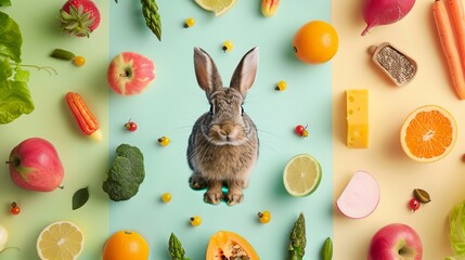  rabbit, surrounded by pictures of the food it eats. - obrazy, fototapety, plakaty