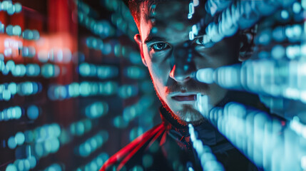 data analyst Double exposure. Data scientist. Man programmer analyzing information on futuristic virtual interface screen. Algorithm, cyber safety, hacker, web security, statistics, business analytics