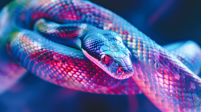 Cute neon snake on dark background. Symbol of the 2025 New year gorgeous snake for calendar, greeting card design, poster. Close up. Chinese 2025 new year. Holographic snake
