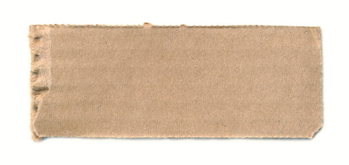 Torn piece of cardboard. Blank paper piece for tag, label, sign, ad, message, reminder. Background for banner. Empty background. Corrugated cardboard. Design element. Isolated on white. Copy space