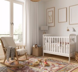 A cozy nursery with a white crib, a rocking chair, and a colorful rug Generative AI