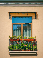 A well-kept balcony in an old house decorated with flowers in pots.