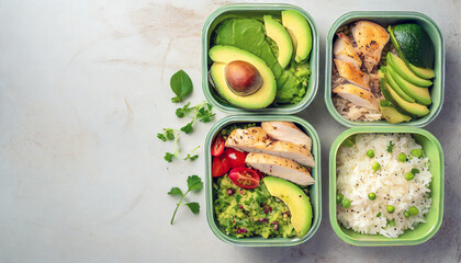 Healthy meal  containers with chicken, rice, avocado and vegetable, healthy lifestyle and diet
