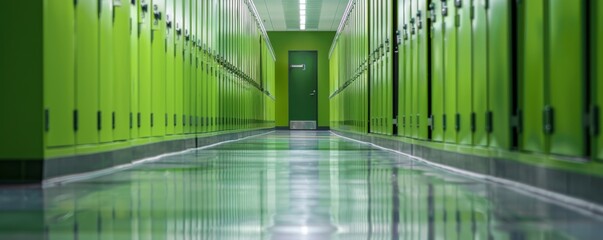 Row of green lockers in a hallway