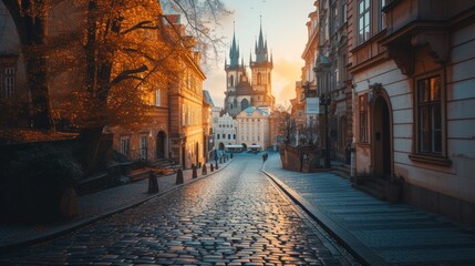 The fiery sky of sunset casts a dramatic backdrop to the gothic spires of an old city. - obrazy, fototapety, plakaty
