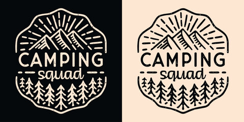 Camping squad crew group lettering camper badge emblem. Mountain forest lover retro vintage aesthetic illustration. Outdoorsy quotes for matching family friends trip logo shirt design print vector.