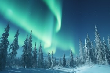 a green lights in the sky over snow covered trees