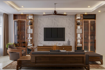 A grand living room interior with classic  wooden furnishings