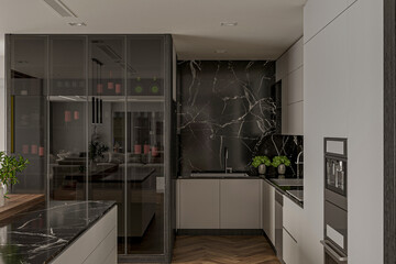 Modern new light interior of kitchen with white feature