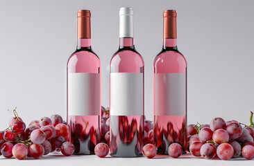 r
tree wine bottles with blank white labels in a mockup featuring a red wine bottle and a rose wine bottle with green red grapes depicted on the side presented in front view on a light grey background