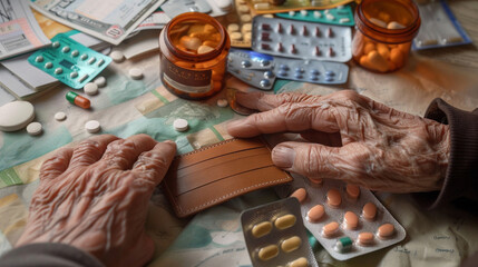 Obraz premium An elderly man's hands, with an empty wallet, on a cluttered table filled with bills and medication, highlighting the struggle between healthcare and financial stability in retirement.