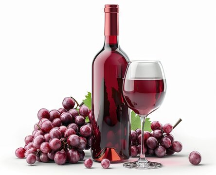 Red wine bottle and glass with grapes isolated on a white background, detailed illustration
