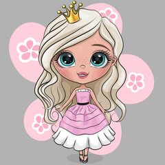 Cartoon Little Princess in a pink dress on a gray background