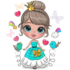 Cartoon Little Princess in a blue dress on a white background