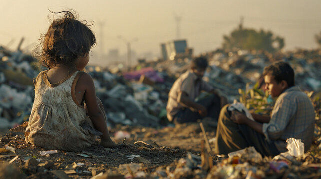 On the uneven ground of a landfill, an unidentified child sits idl