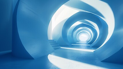 A futuristic tunnel with blue lighting and a spiral staircase Generative AI