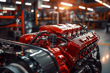 Fototapeta premium A detailed view of a vibrant red engine within a manufacturing plant, showcasing mechanical components and industrial machinery in the background