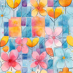 Abstract watercolor geometric and floral colorful summer pattern in gringe style.