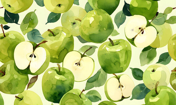 Green apple fruits over green seamless, Generative AI