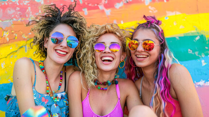 Three beautiful female lesbian smiling and posing at lgbt rainbow flag on the wall. happy representatives of the LGBT community. Concept of LGBT, activism, diversity, community and freedom.