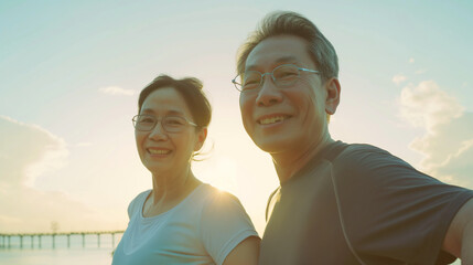 asia senior couple, age 50, healthy, happiness, have activity together - obrazy, fototapety, plakaty