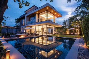 Luxurious Tranquility: Modern Villa with Reflective Pool and Garden Lights