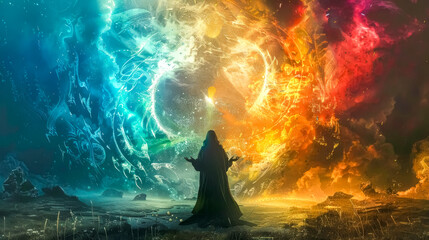 Cloaked figure conjures vibrant, multi-colored elemental forces in a mystical landscape - obrazy, fototapety, plakaty